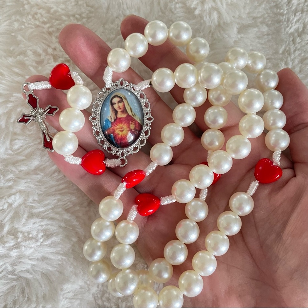 Pearl and Red Heart immaculate heart of mary Rosary